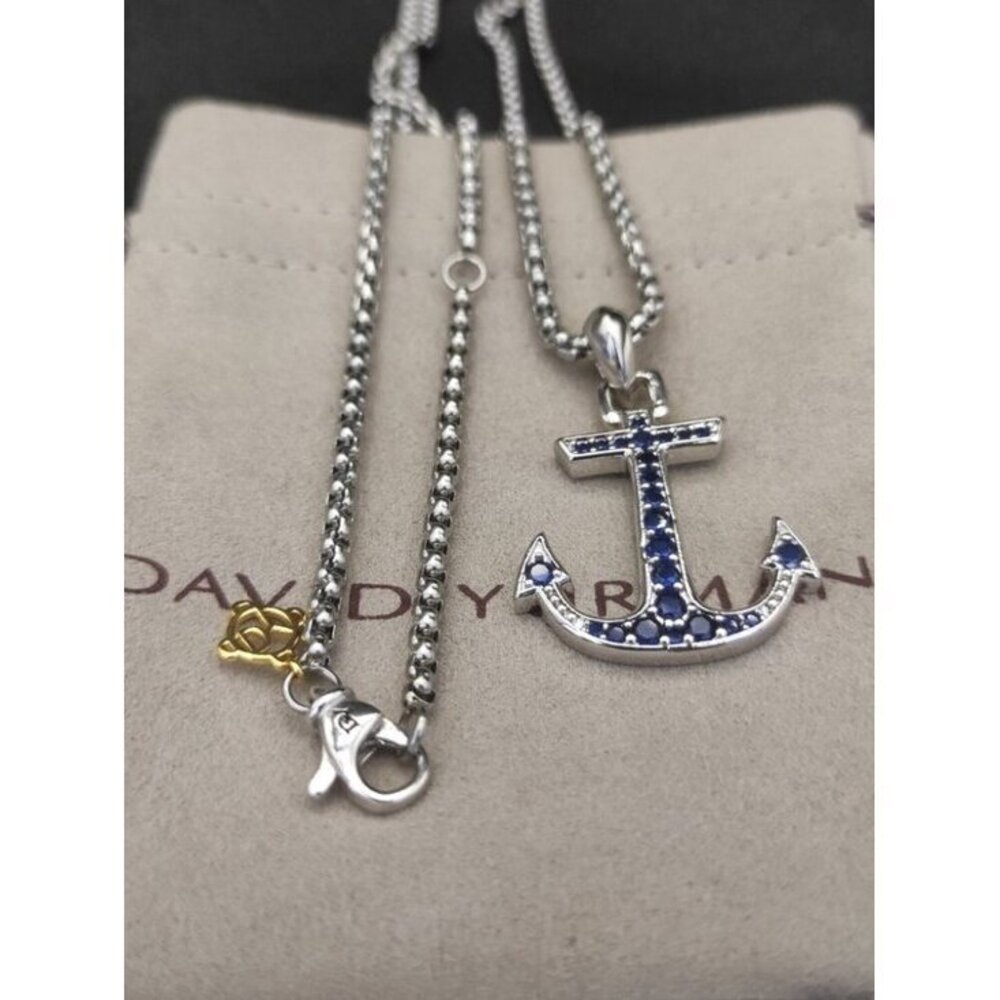 David Yurman 925 Silver Sapphire Anchor Necklace with Original Pouch
